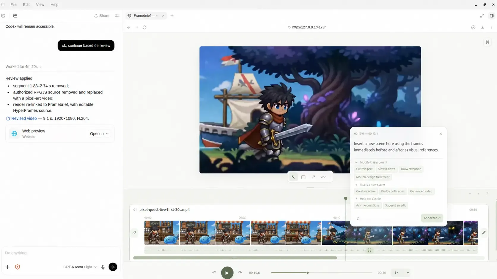Framebrief à côté d'un agent : une vidéo de jeu annotée à droite, et à gauche l'agent qui résume la revue appliquée